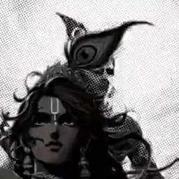 A halftone detail of the peacock feather in Krishna's crown